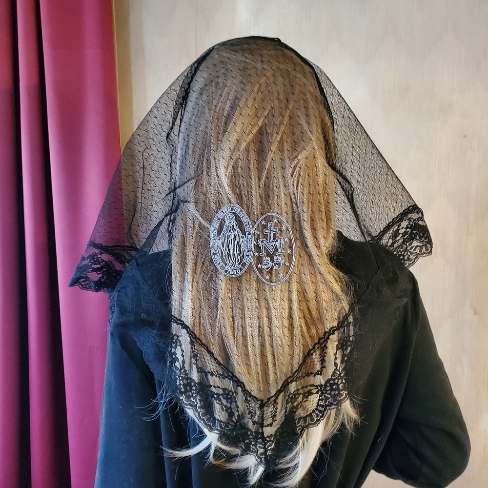 Blue Miraculous Medal Embroidered Black Pointe D'espirit Lace Mantilla Veil